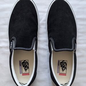 Vans Black Suede Slip-On Loafers with White Trim